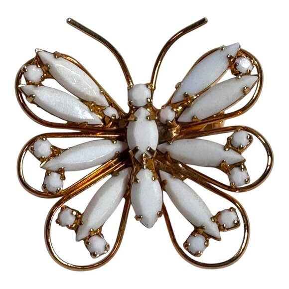 Vintage Gold Tone Butterfly Brooch White Milk Glass Marquise Stones Pin Unsigned - Picture 1 of 3